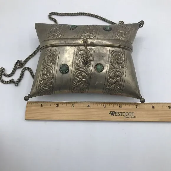 Silverplate Metal Purse‎ Pillow Clutch with cabouchons. 32 Chain